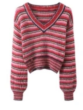 Pink Striped Thick Chunky Knit V-Neck Sweater S EUC